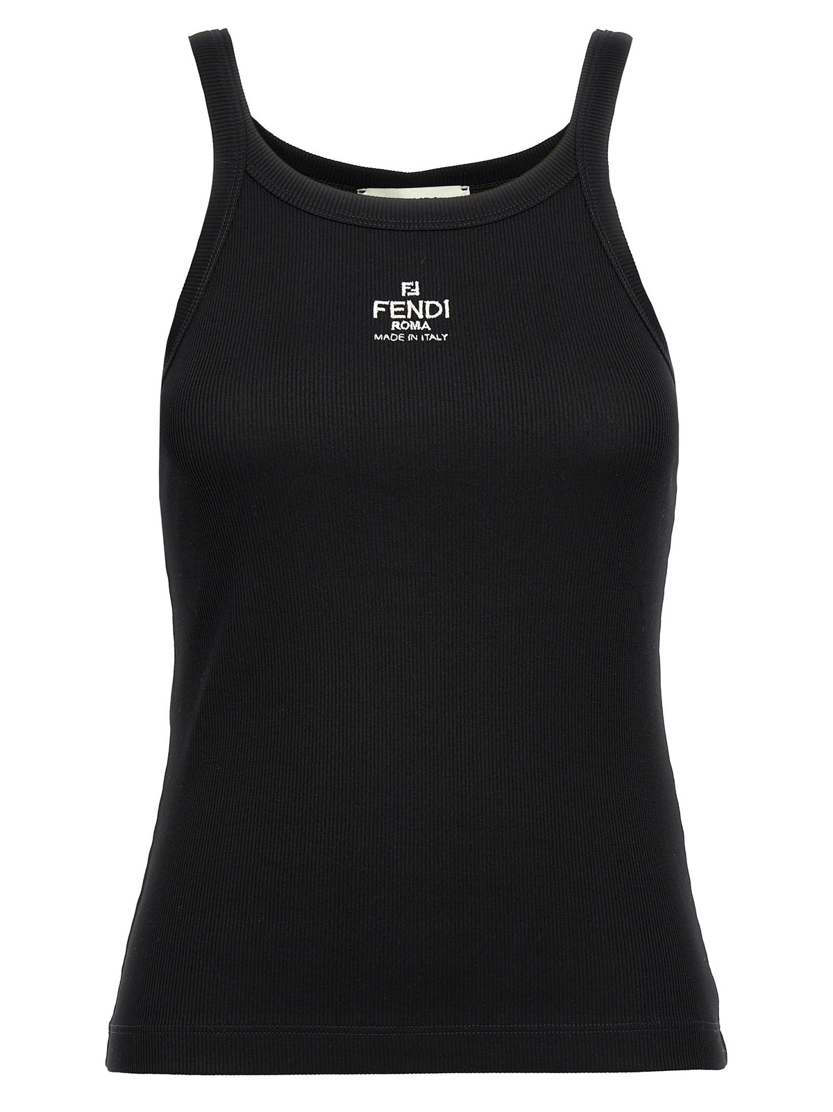 Fendi Black 94% Cotton Ribbed Tank Top – Front Logo Embroidery, Sleeveless, Italian
