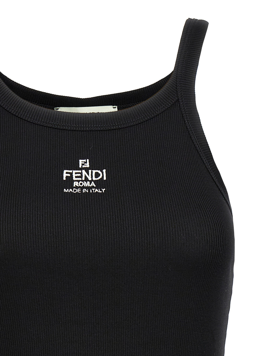 Fendi Black 94% Cotton Ribbed Tank Top – Front Logo Embroidery, Sleeveless, Italian