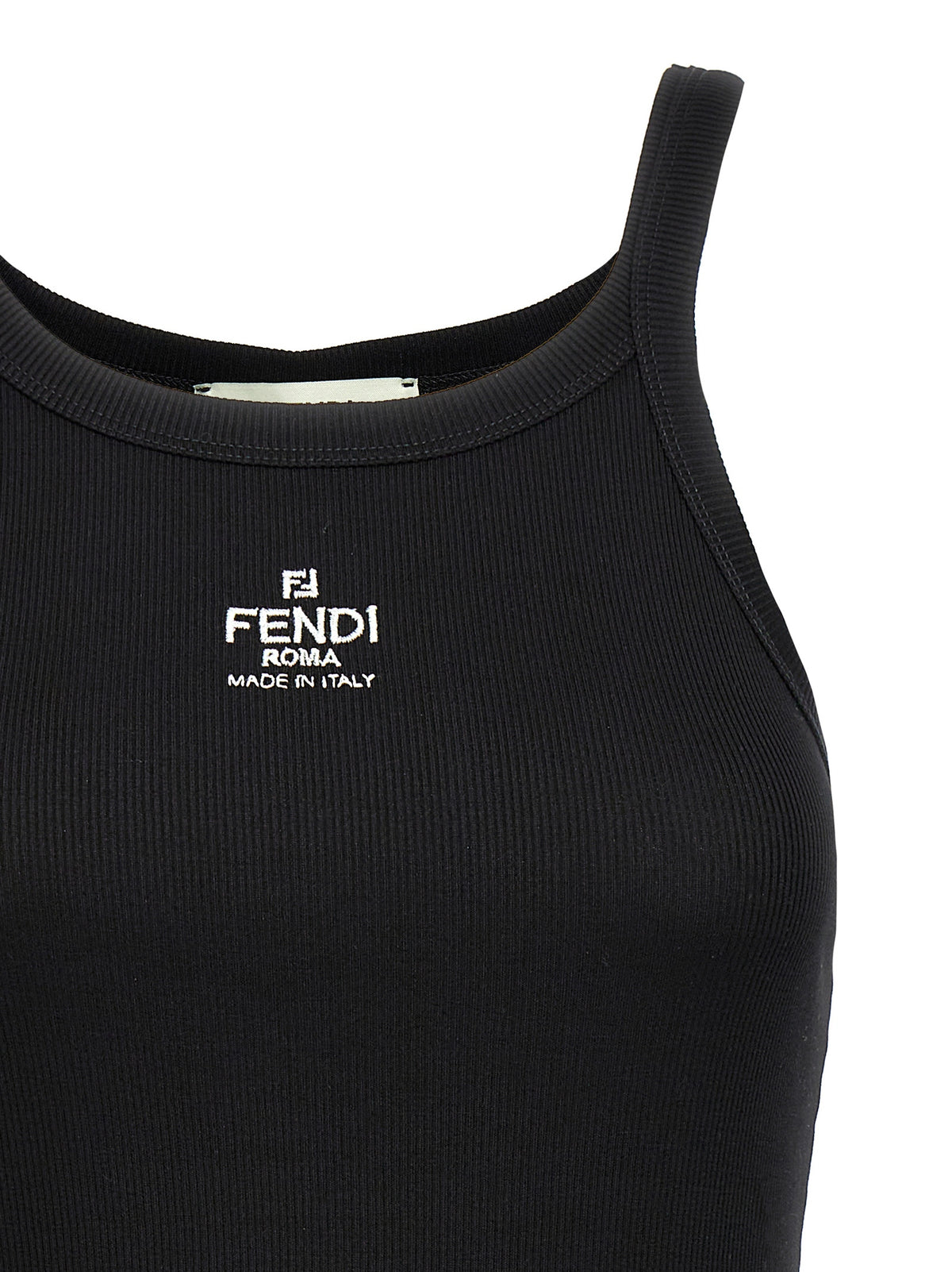 Fendi Black 94% Cotton Ribbed Tank Top – Front Logo Embroidery, Sleeveless, Italian