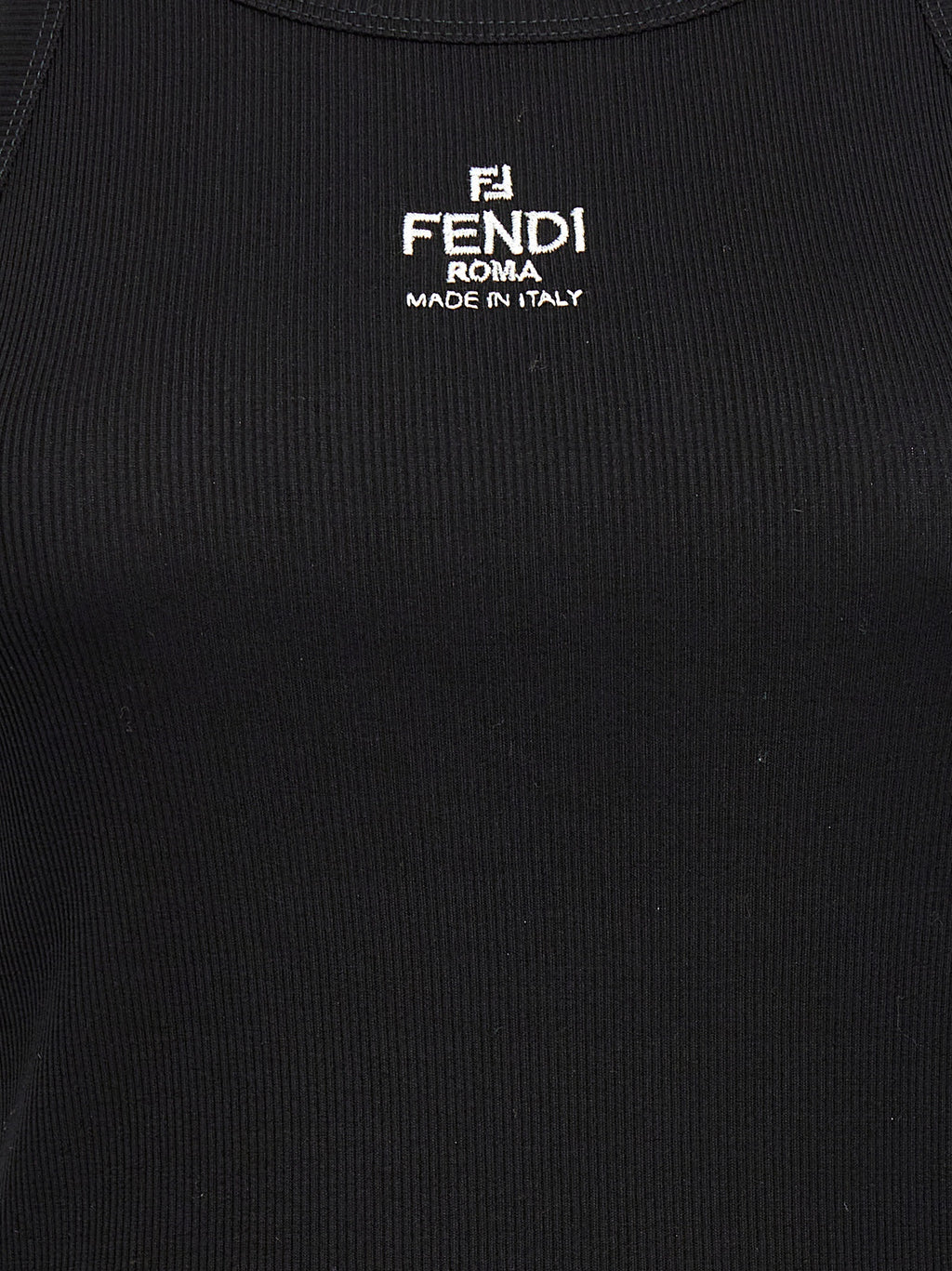 Fendi Black 94% Cotton Ribbed Tank Top – Front Logo Embroidery, Sleeveless, Italian