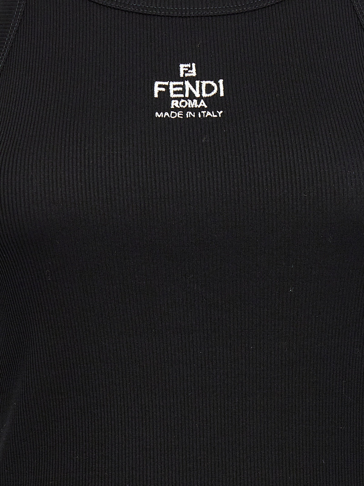 Fendi Black 94% Cotton Ribbed Tank Top – Front Logo Embroidery, Sleeveless, Italian