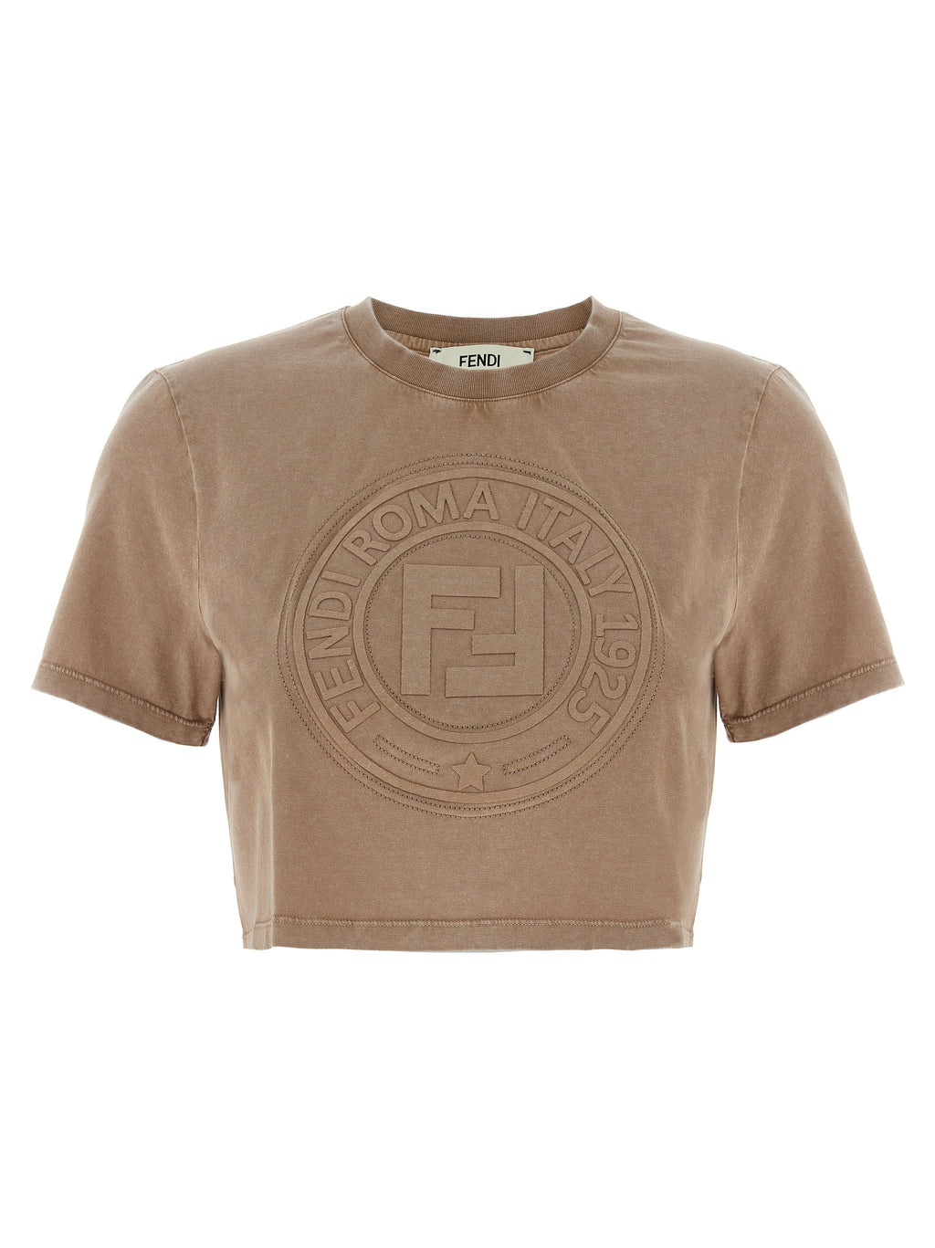 Fendi Brown 100% Cotton Cropped T-Shirt – 3D “Fendi Roma” Embroidery, Vintage Effect, Italian