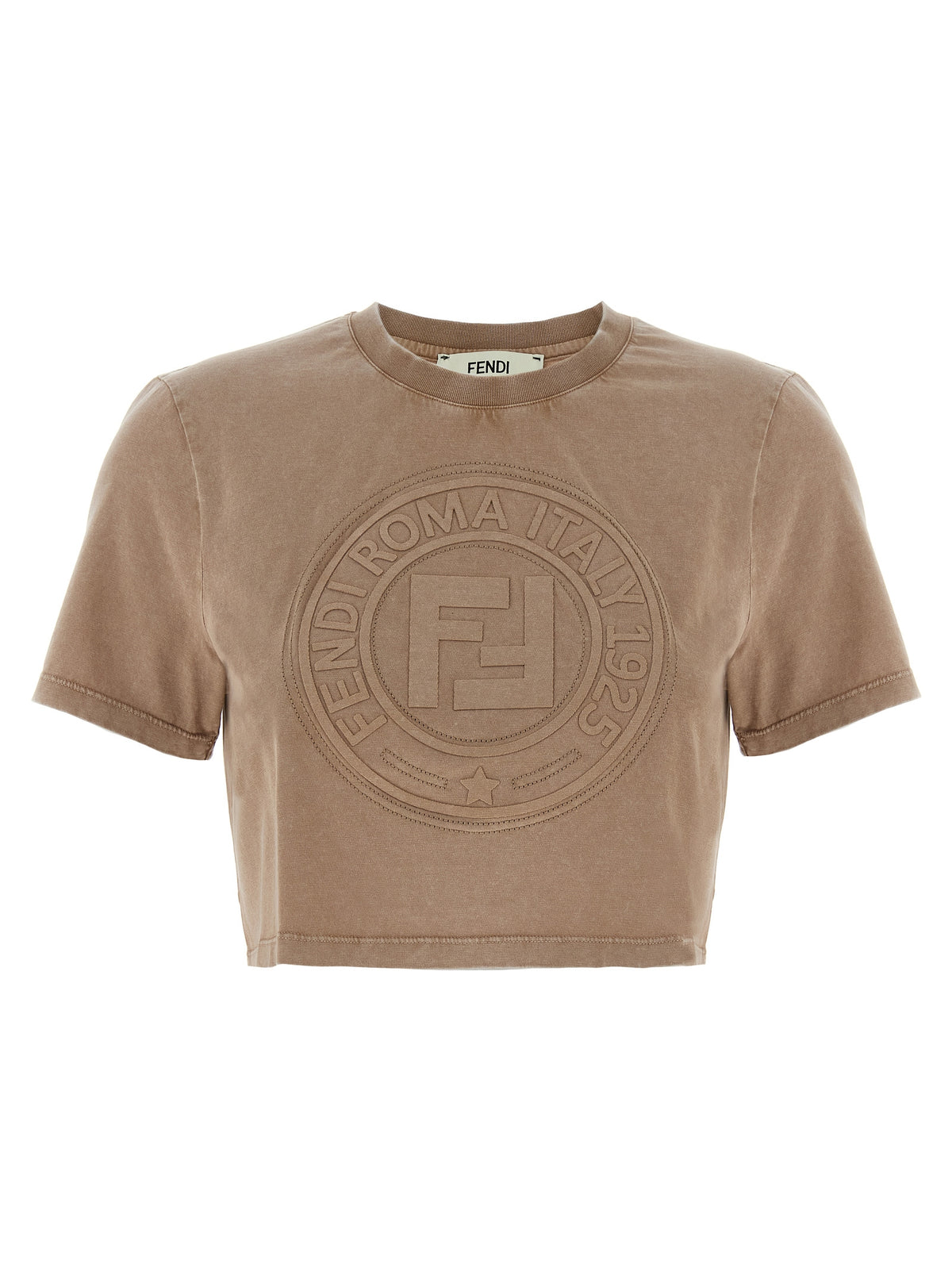 Fendi Brown 100% Cotton Cropped T-Shirt – 3D “Fendi Roma” Embroidery, Vintage Effect, Italian