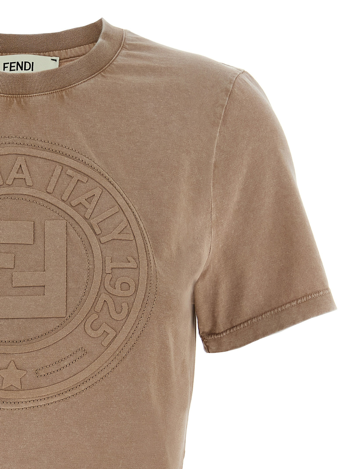 Fendi Brown 100% Cotton Cropped T-Shirt – 3D “Fendi Roma” Embroidery, Vintage Effect, Italian