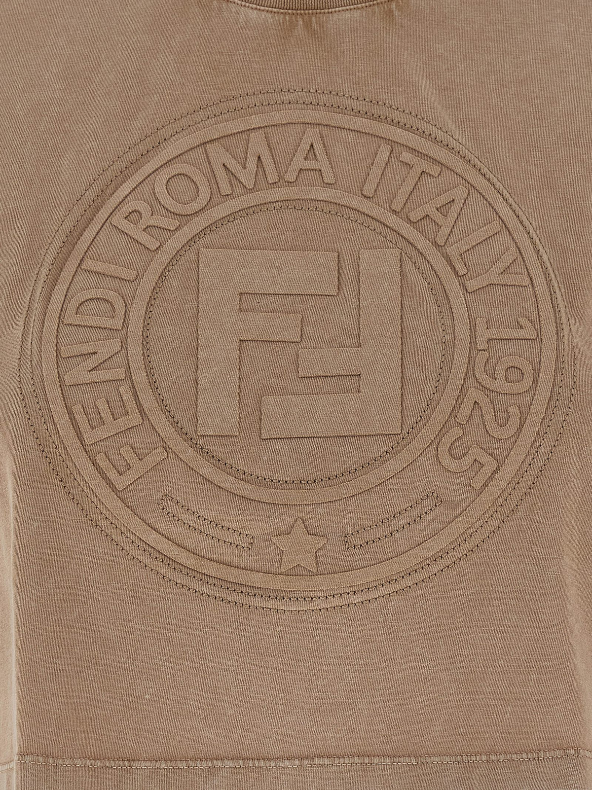 Fendi Brown 100% Cotton Cropped T-Shirt – 3D “Fendi Roma” Embroidery, Vintage Effect, Italian