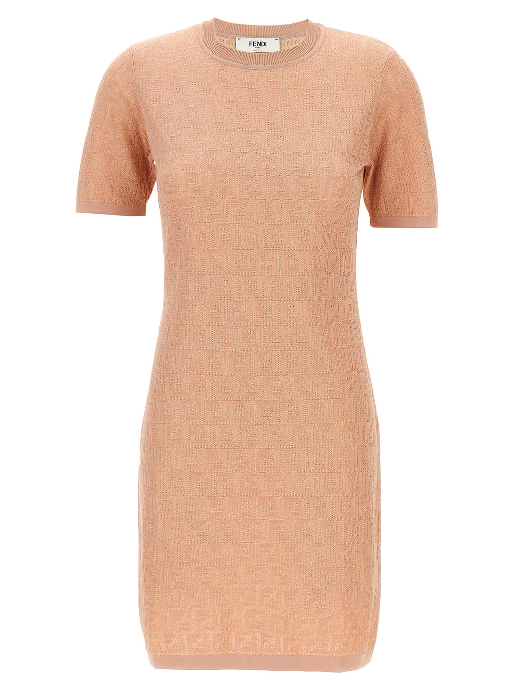 Fendi Pink 100% Cotton Mini Dress – All-Over Micro FF Pattern, Round Neck, Italian
