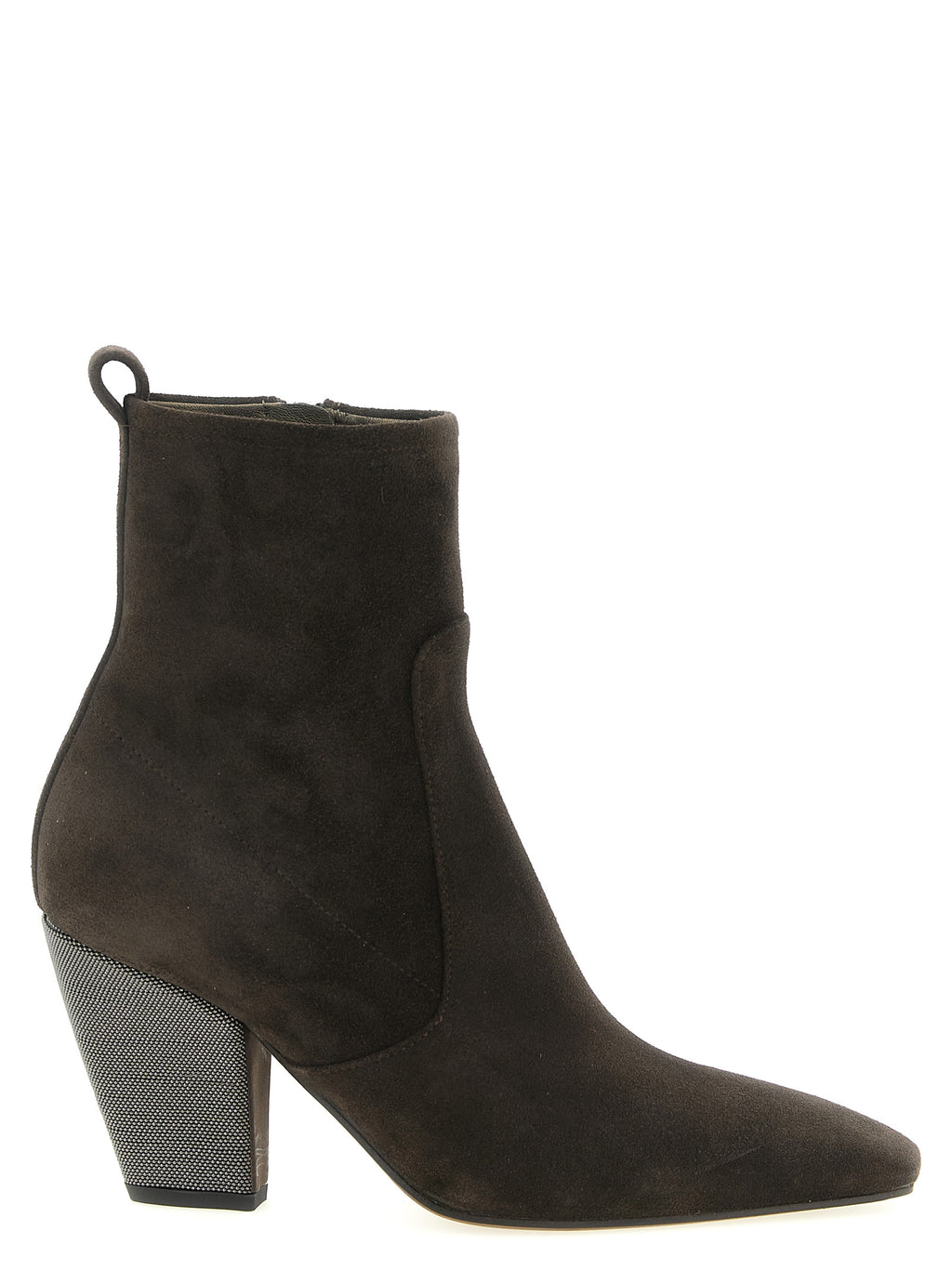 Brunello Cucinelli Brown Suede Ankle Boots – Square Toe, Side Zip, 'Precious Heel' Monile, Leather Sole, Italian