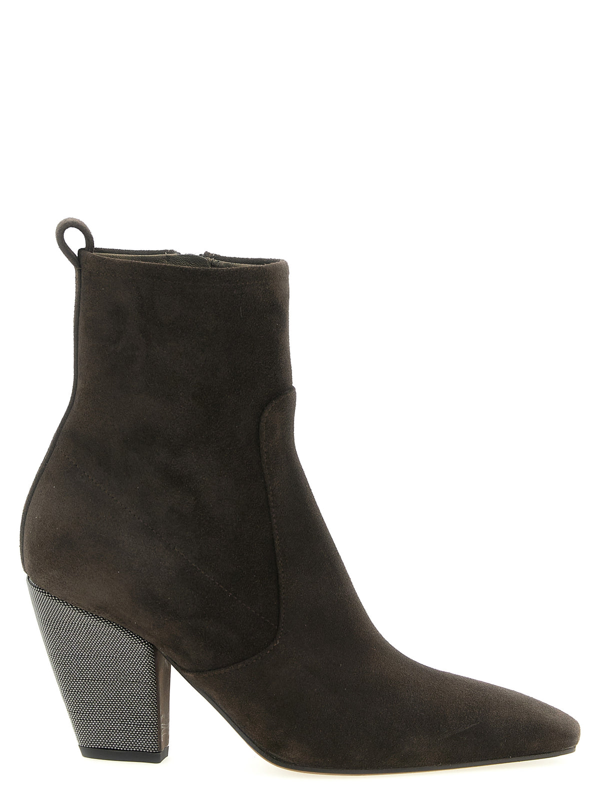 Brunello Cucinelli Brown Suede Ankle Boots – Square Toe, Side Zip, 'Precious Heel' Monile, Leather Sole, Italian