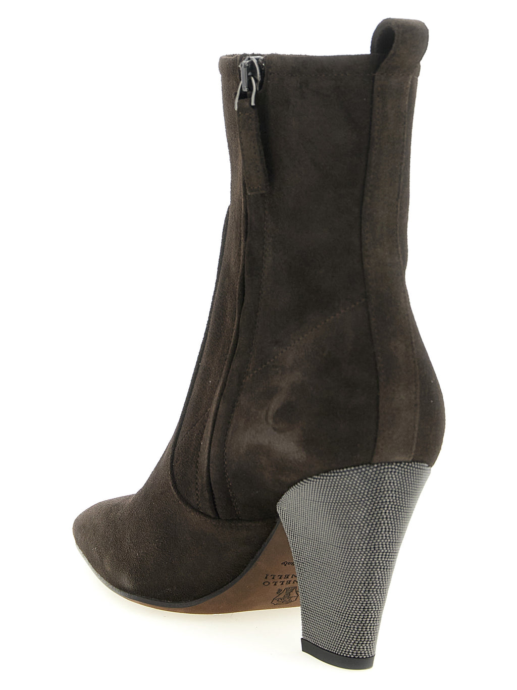 Brunello Cucinelli Brown Suede Ankle Boots – Square Toe, Side Zip, 'Precious Heel' Monile, Leather Sole, Italian