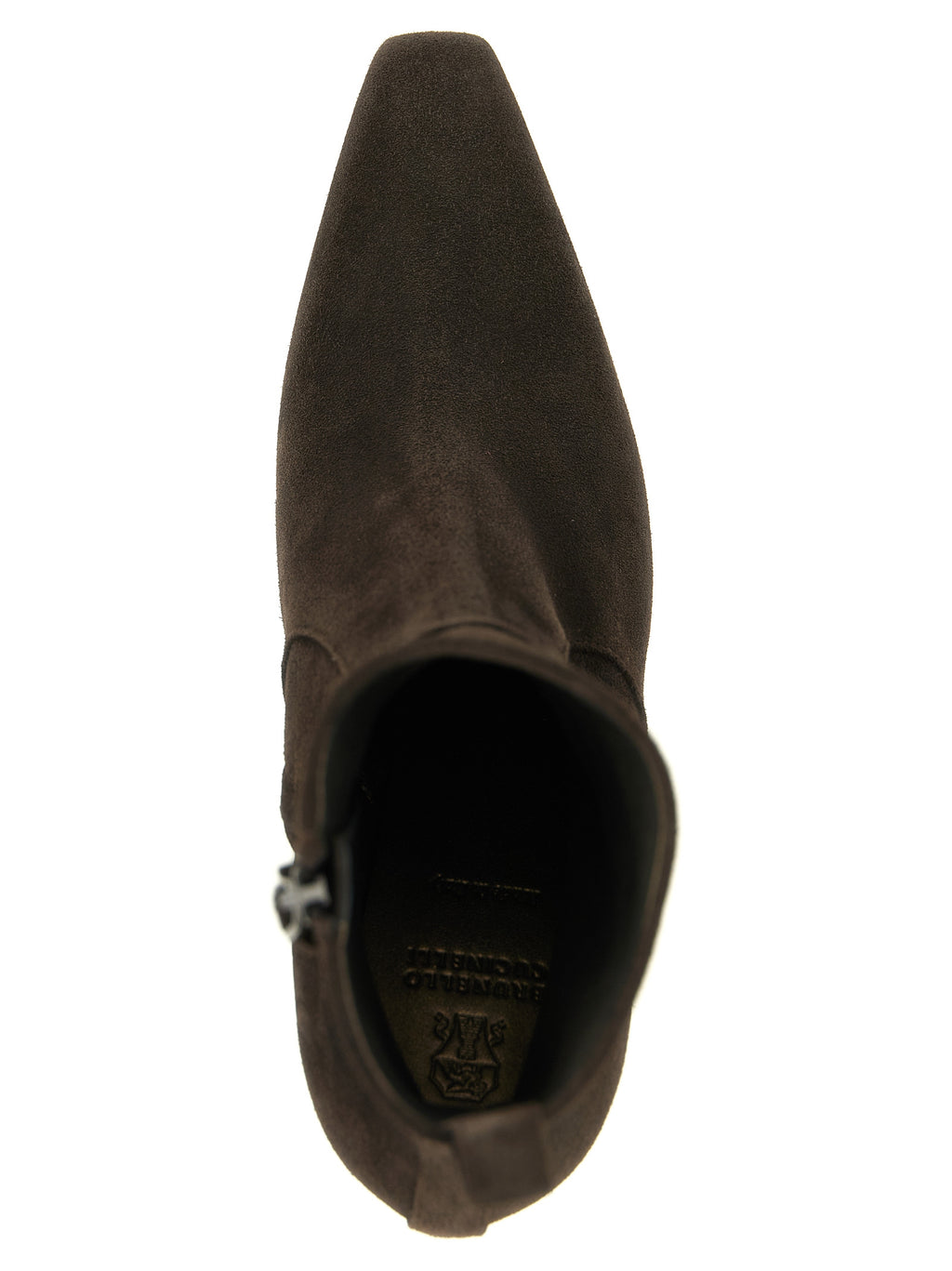 Brunello Cucinelli Brown Suede Ankle Boots – Square Toe, Side Zip, 'Precious Heel' Monile, Leather Sole, Italian