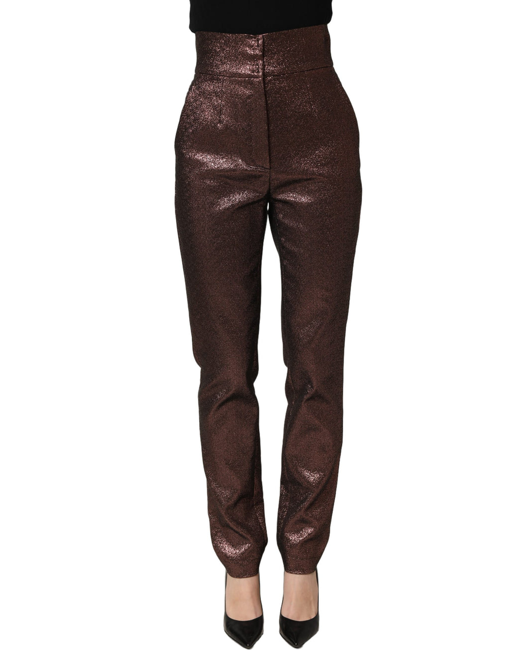 Dolce & Gabbana Metallic Brown High-Waisted Tapered Trousers – 53% Cotton, Logo Detail, Italian