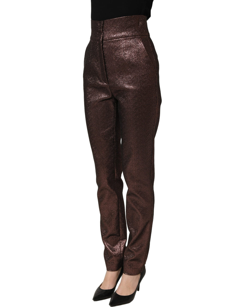 Dolce & Gabbana Metallic Brown High-Waisted Tapered Trousers – 53% Cotton, Logo Detail, Italian