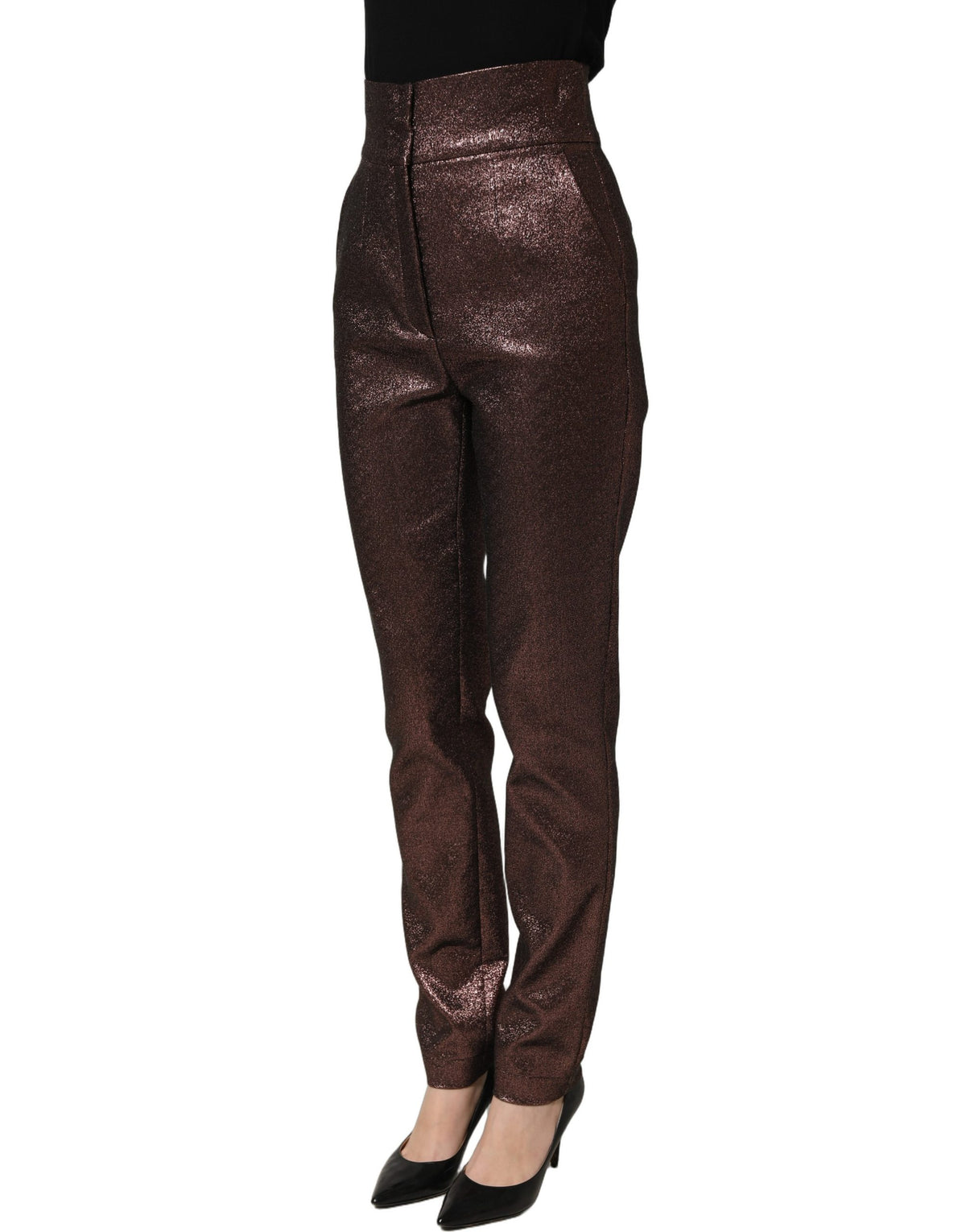 Dolce & Gabbana Metallic Brown High-Waisted Tapered Trousers – 53% Cotton, Logo Detail, Italian