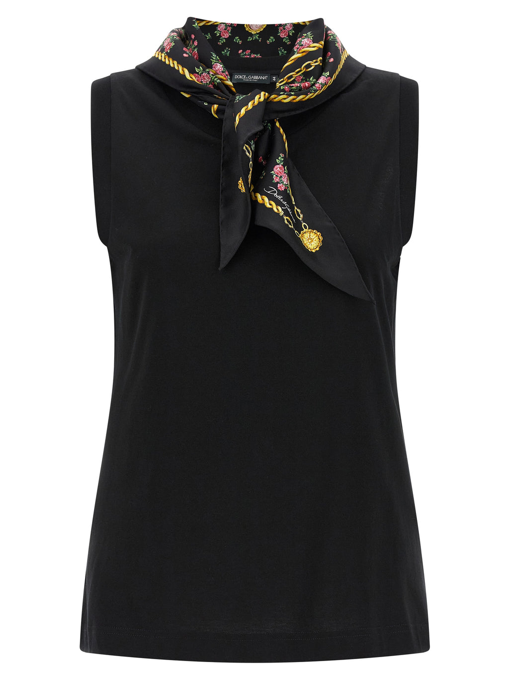 Dolce & Gabbana Black 100% Cotton Sleeveless Top – Tone-on-Tone Logo Embroidery, Silk Scarf, Italian
