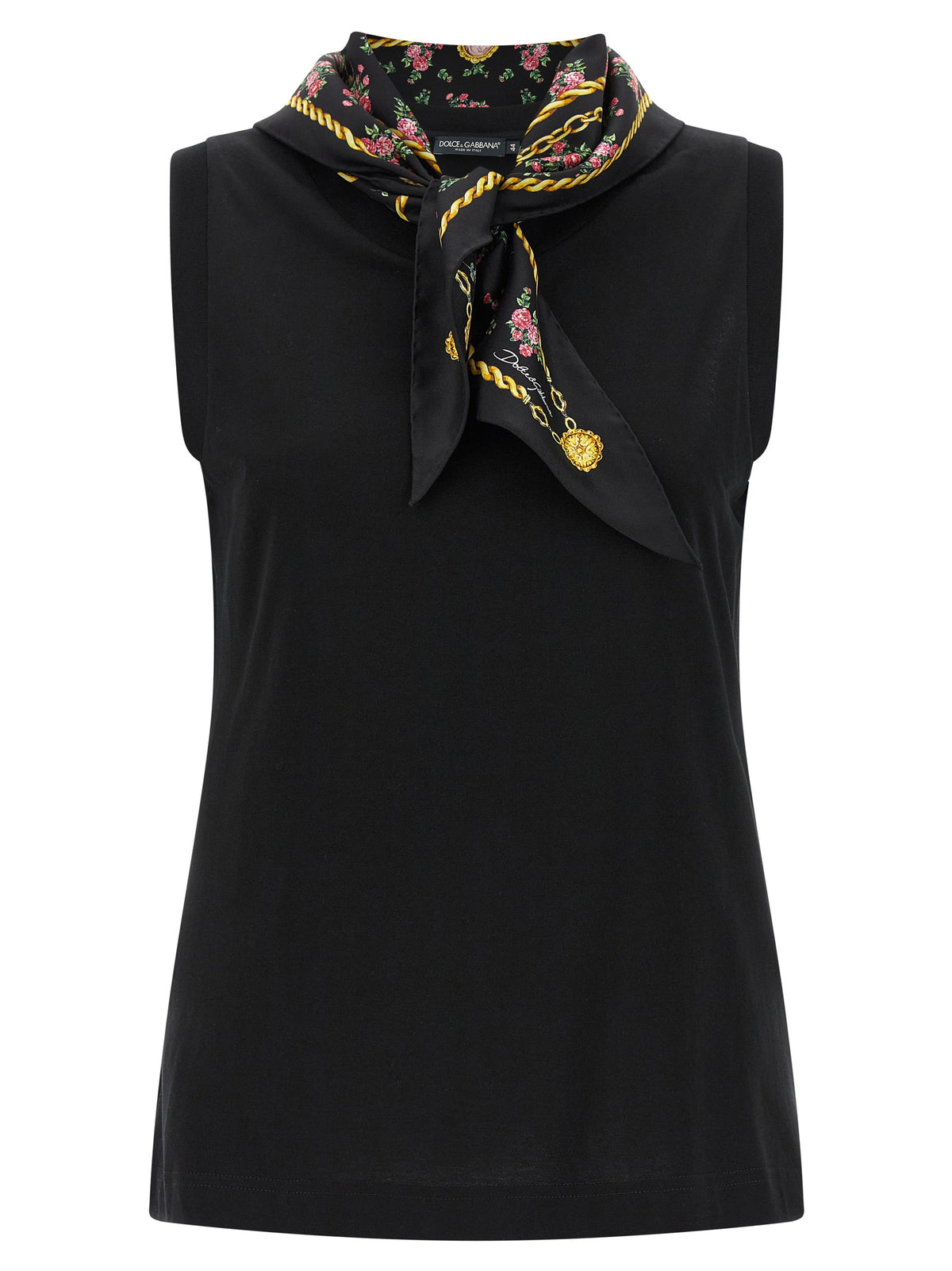 Dolce & Gabbana Black 100% Cotton Sleeveless Top – Tone-on-Tone Logo Embroidery, Silk Scarf, Italian
