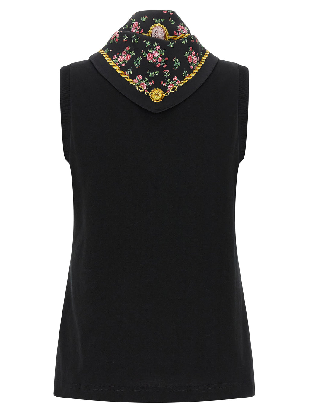 Dolce & Gabbana Black 100% Cotton Sleeveless Top – Tone-on-Tone Logo Embroidery, Silk Scarf, Italian