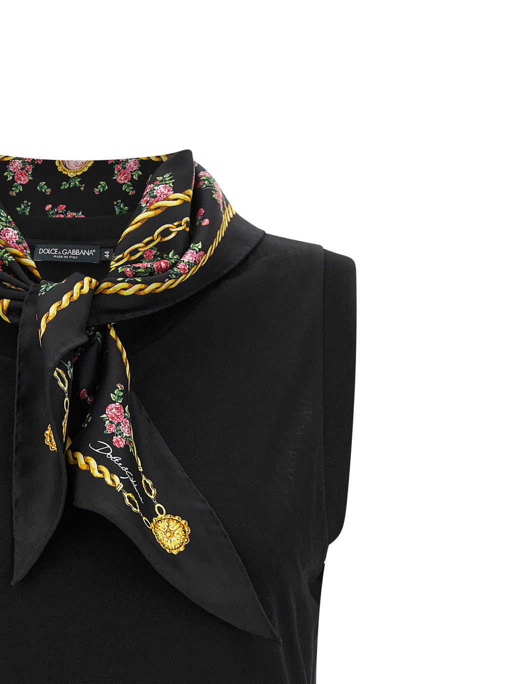 Dolce & Gabbana Black 100% Cotton Sleeveless Top – Tone-on-Tone Logo Embroidery, Silk Scarf, Italian