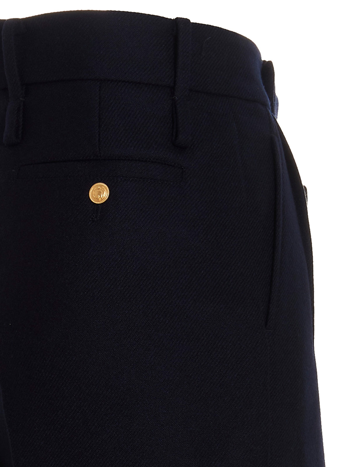 Gucci Dark Blue 100% Cashmere Trousers – Pleated, Pocketed, Gold Accents, Italian