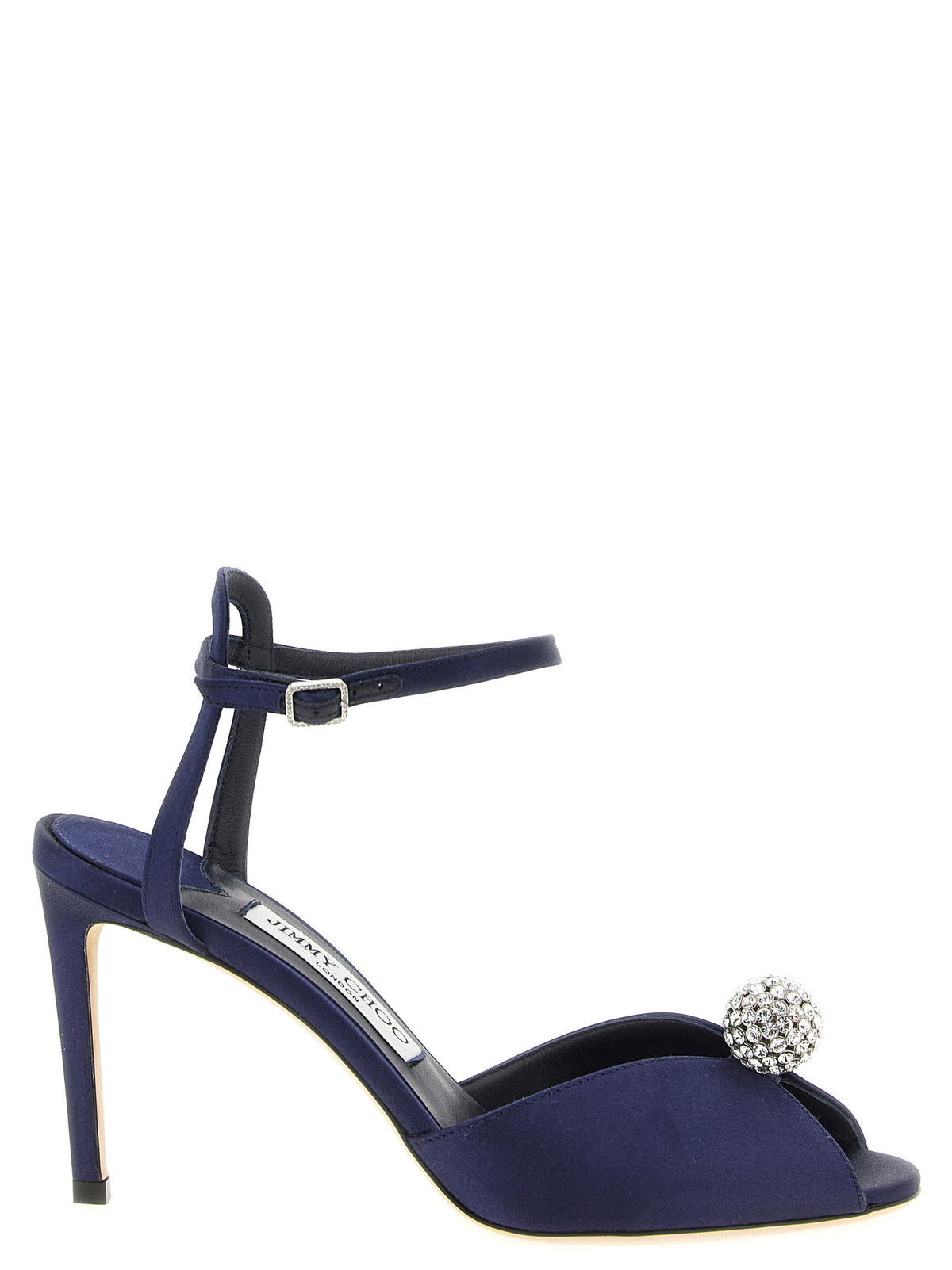 Jimmy Choo Blue Satin 'Sacora' Stiletto Sandals – Crystal Sphere, Ankle Strap, Italian