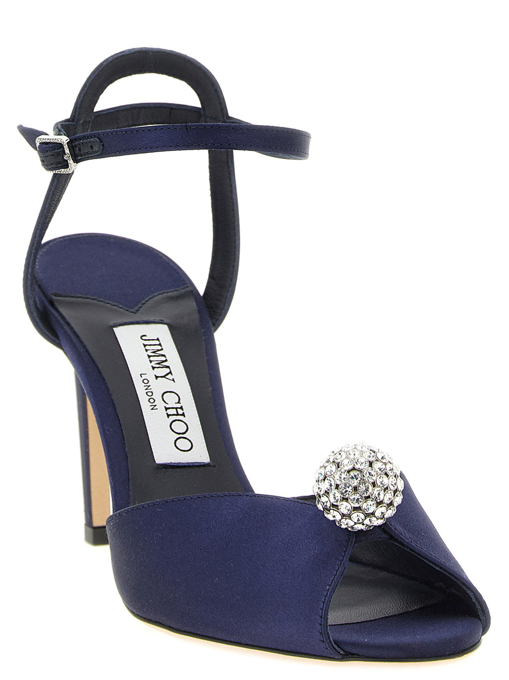 Jimmy Choo Blue Satin 'Sacora' Stiletto Sandals – Crystal Sphere, Ankle Strap, Italian