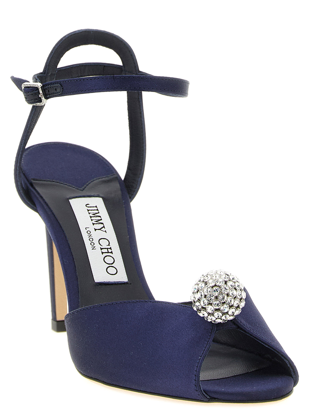Jimmy Choo Blue Satin 'Sacora' Stiletto Sandals – Crystal Sphere, Ankle Strap, Italian