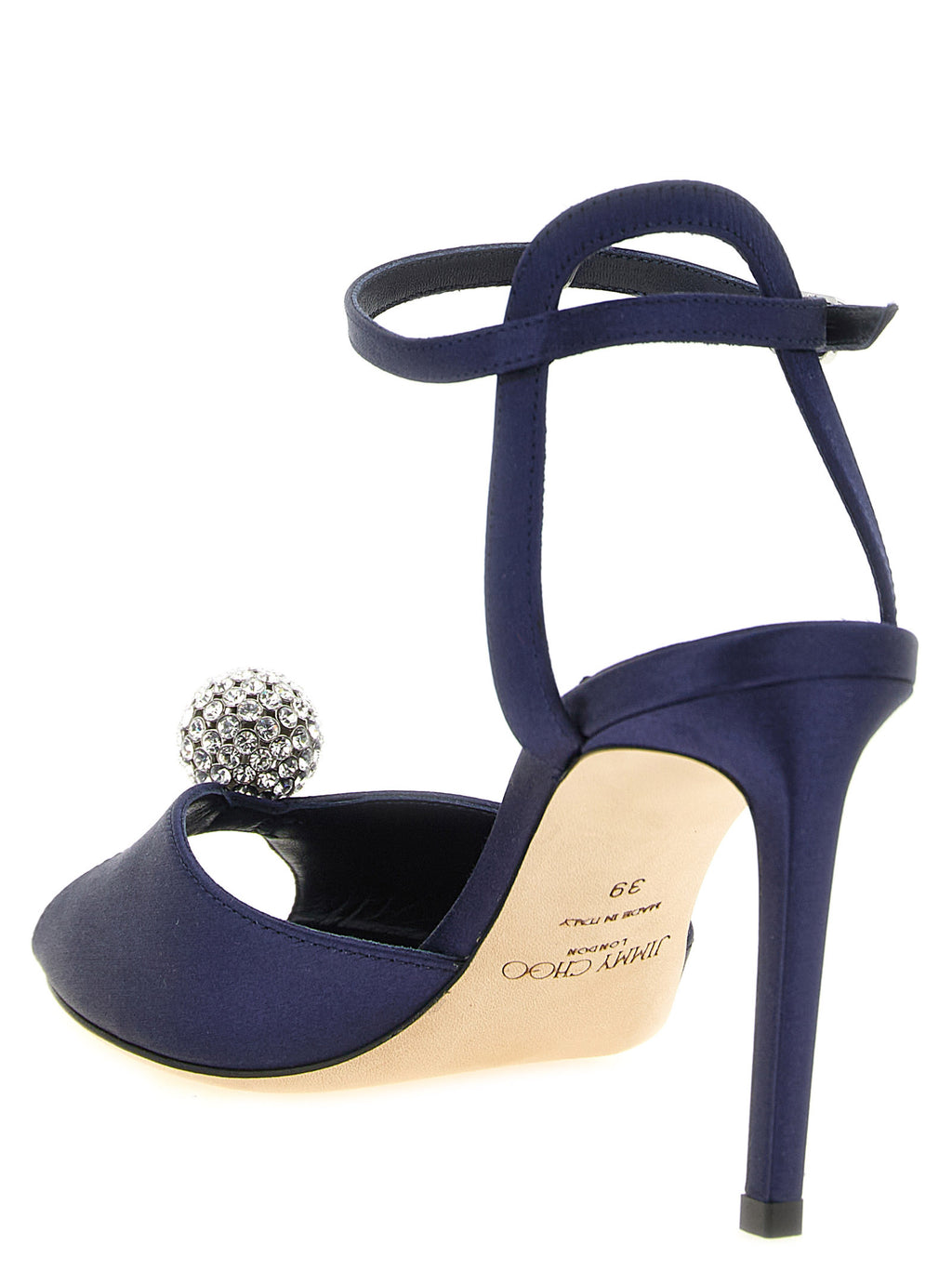 Jimmy Choo Blue Satin 'Sacora' Stiletto Sandals – Crystal Sphere, Ankle Strap, Italian
