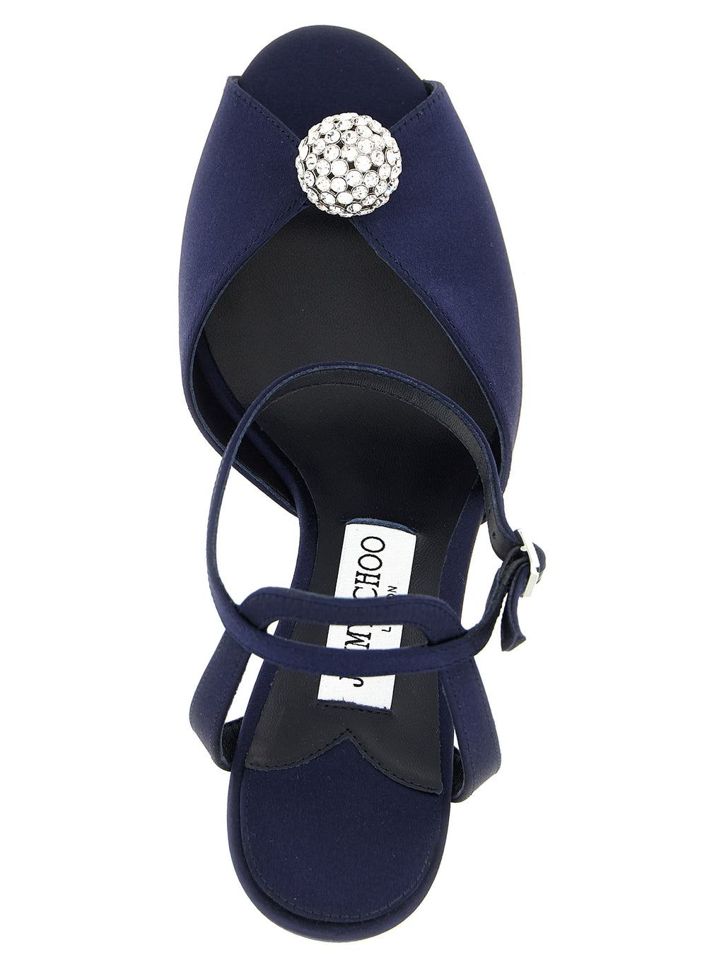 Jimmy Choo Blue Satin 'Sacora' Stiletto Sandals – Crystal Sphere, Ankle Strap, Italian