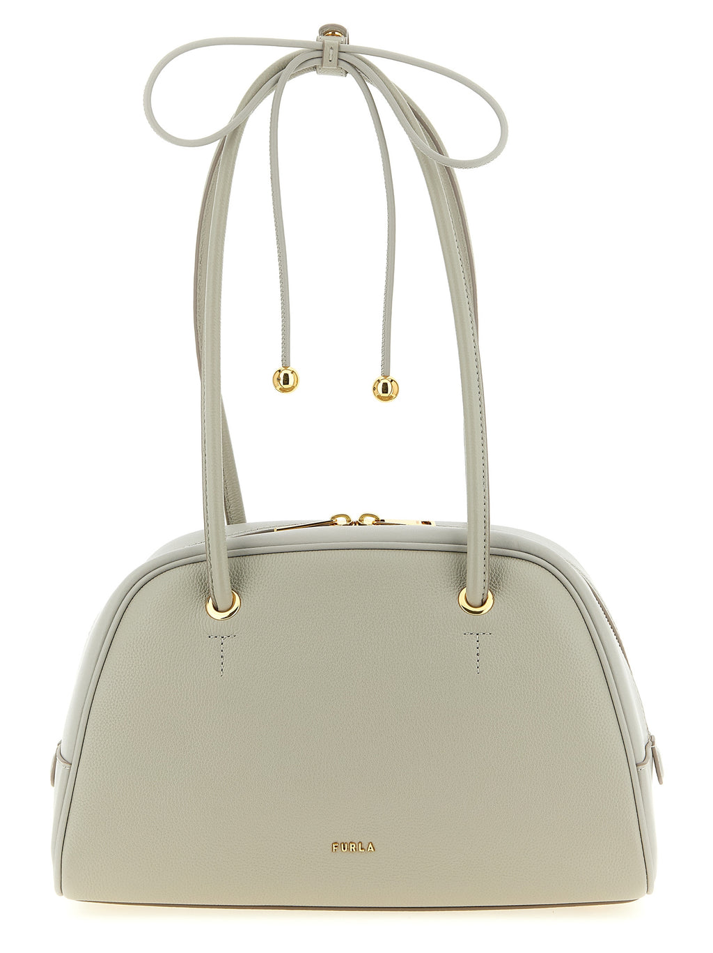 Furla Gray Calfskin Bag – 'Poppy M', Dome Silhouette, Gold Metal Logo, Tubular Handle, China