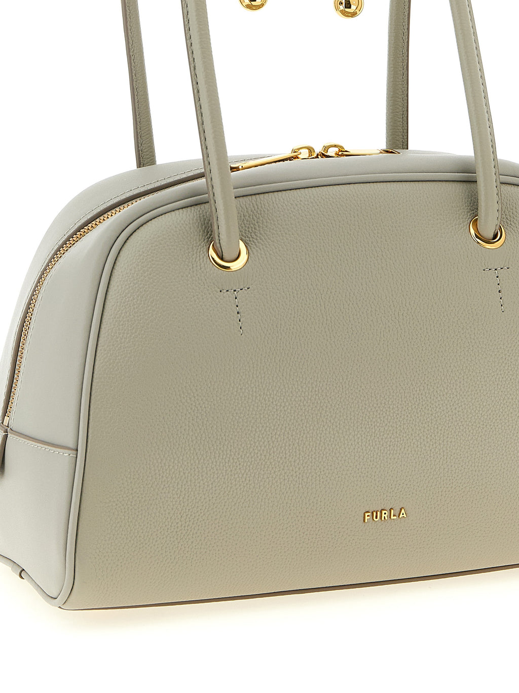 Furla Gray Calfskin Bag – 'Poppy M', Dome Silhouette, Gold Metal Logo, Tubular Handle, China