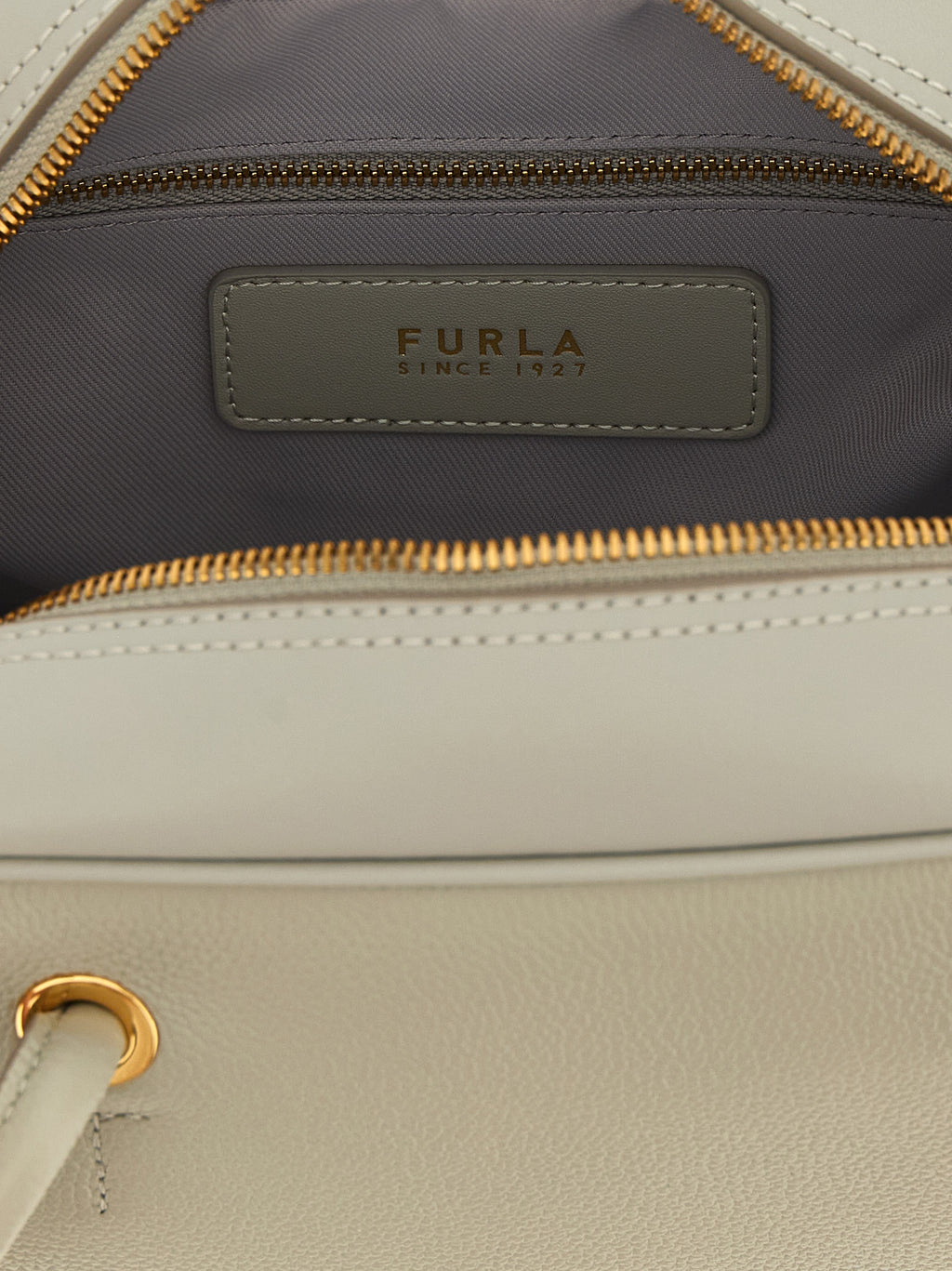 Furla Gray Calfskin Bag – 'Poppy M', Dome Silhouette, Gold Metal Logo, Tubular Handle, China