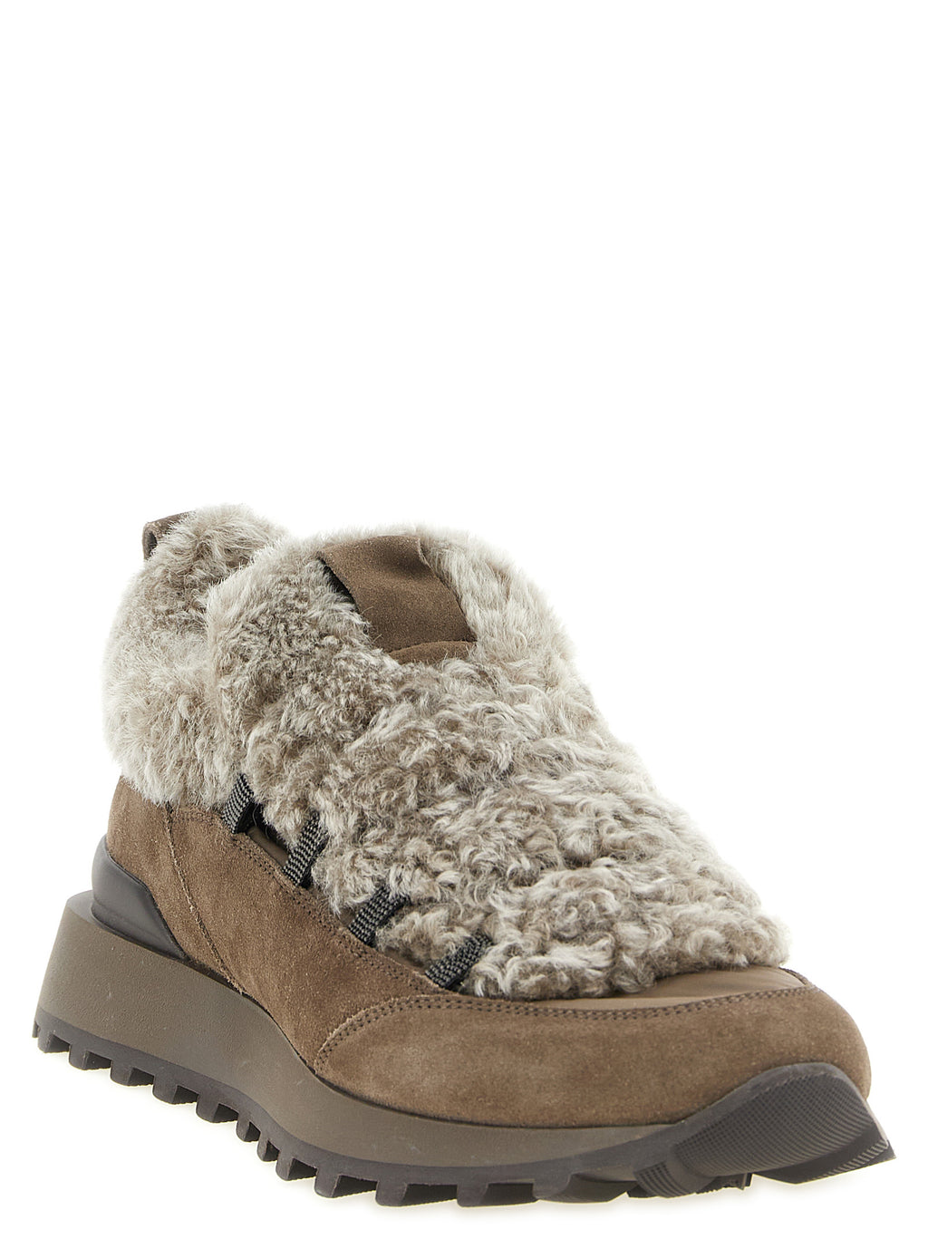 Brunello Cucinelli Brown Calfskin Chunky Sneakers – Faux Fur Insert, 'Monile' Loop Detail, Tank Sole, Italian
