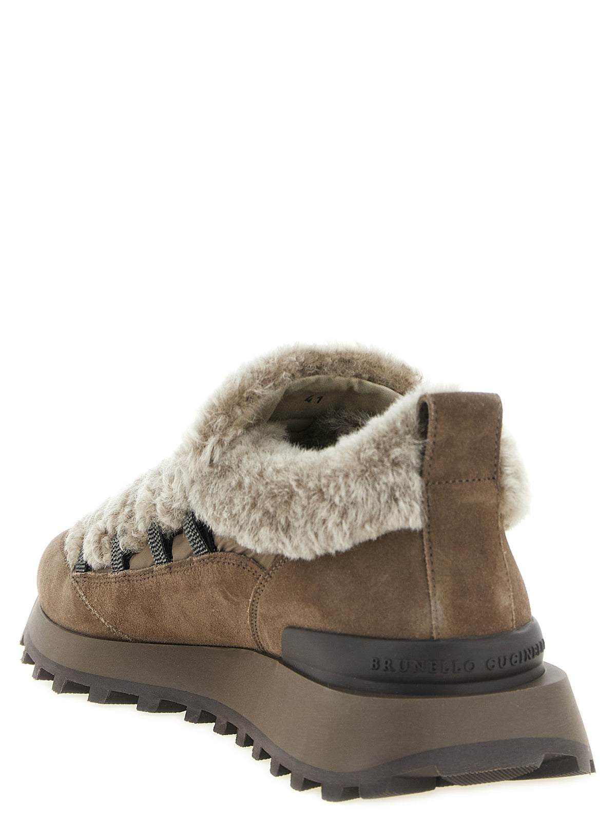 Brunello Cucinelli Brown Calfskin Chunky Sneakers – Faux Fur Insert, 'Monile' Loop Detail, Tank Sole, Italian