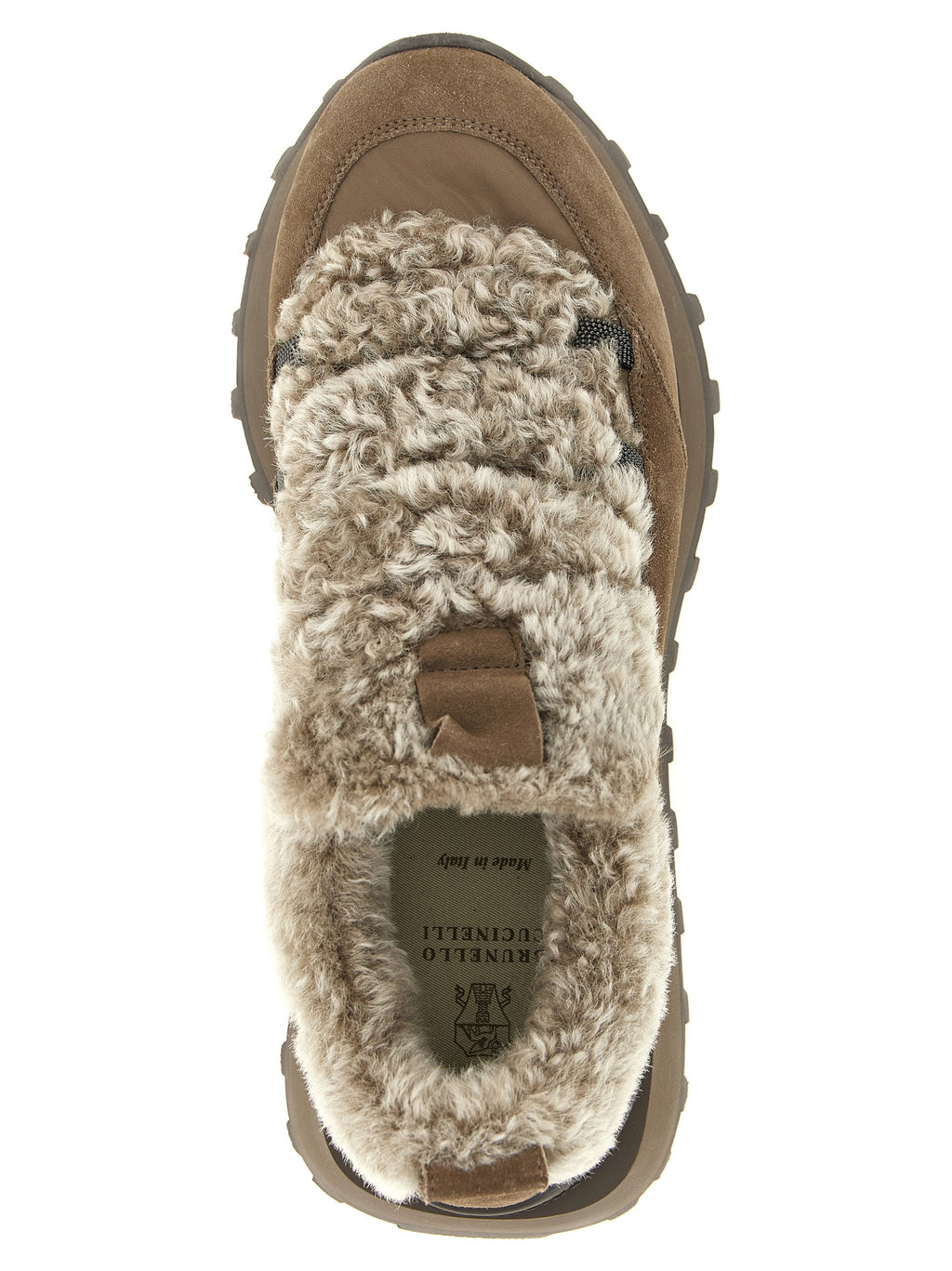 Brunello Cucinelli Brown Calfskin Chunky Sneakers – Faux Fur Insert, 'Monile' Loop Detail, Tank Sole, Italian