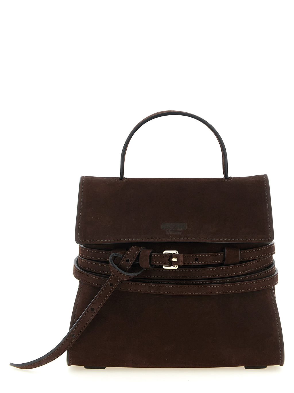 Moschino Brown Calfskin Bag – 'Tie Me', Nubuck, Gold Buckle, 'Moschino Milano' Logo, Italian