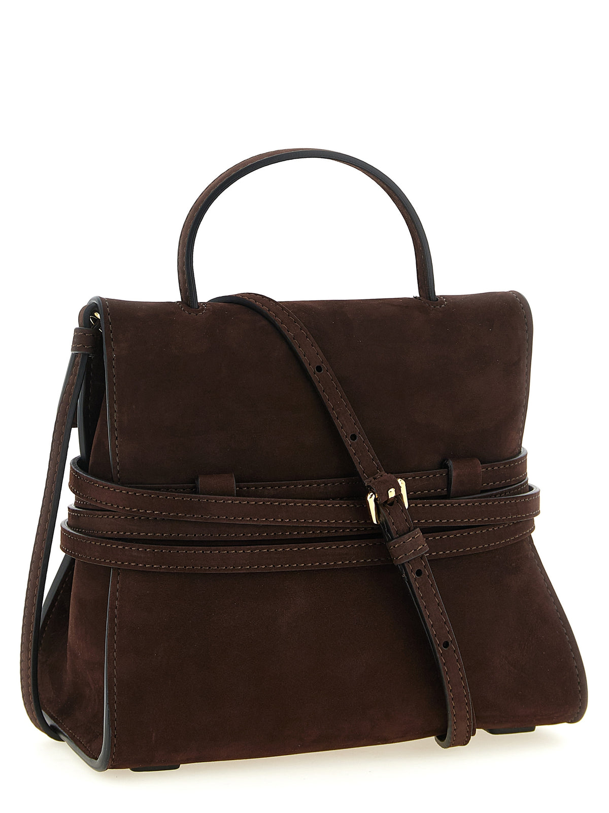 Moschino Brown Calfskin Bag – 'Tie Me', Nubuck, Gold Buckle, 'Moschino Milano' Logo, Italian