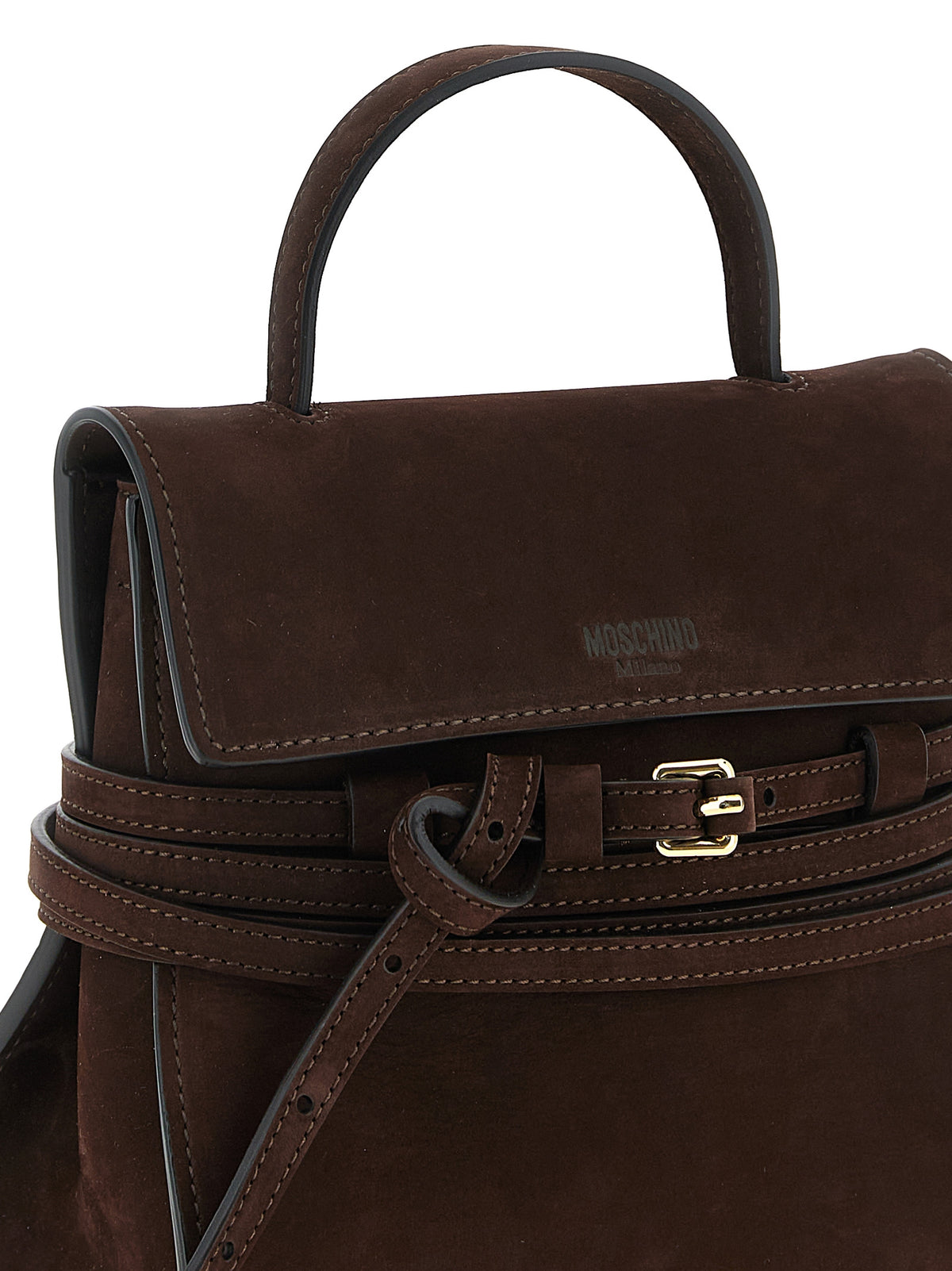 Moschino Brown Calfskin Bag – 'Tie Me', Nubuck, Gold Buckle, 'Moschino Milano' Logo, Italian