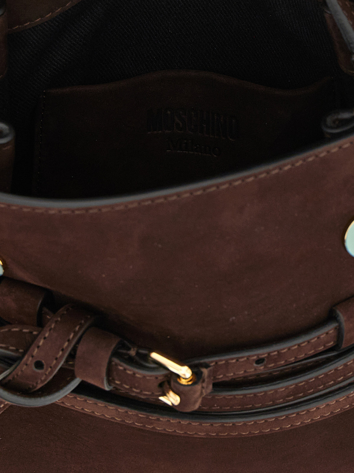 Moschino Brown Calfskin Bag – 'Tie Me', Nubuck, Gold Buckle, 'Moschino Milano' Logo, Italian