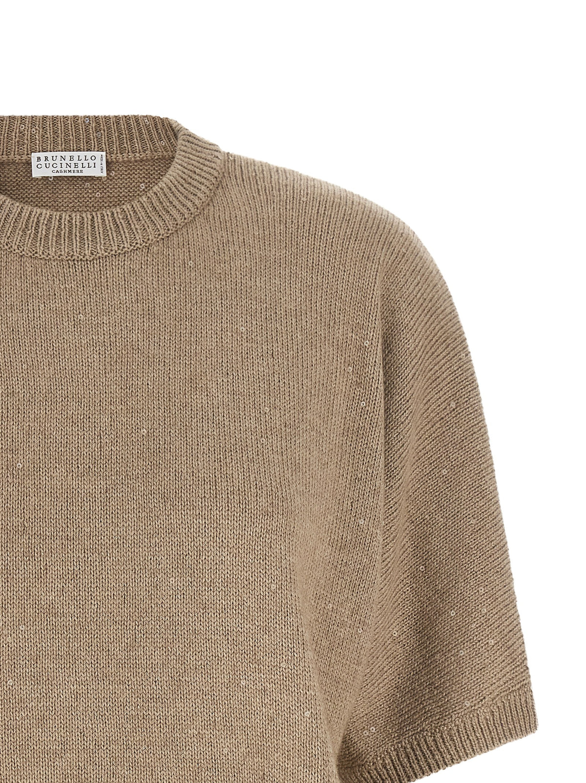 Brunello Cucinelli Beige Cashmere-Silk Sweater - Diamante Short Sleeves