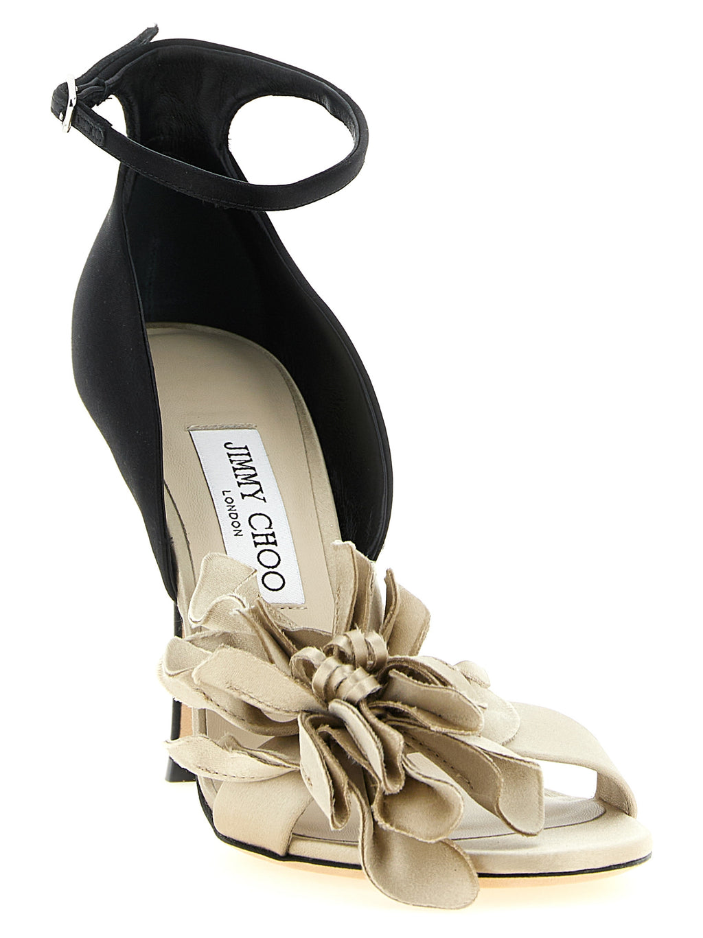 Jimmy Choo Multicolor 'Coko' Sandal – 3D Flower, Bone-Black, Stiletto, Ankle Strap, Italian
