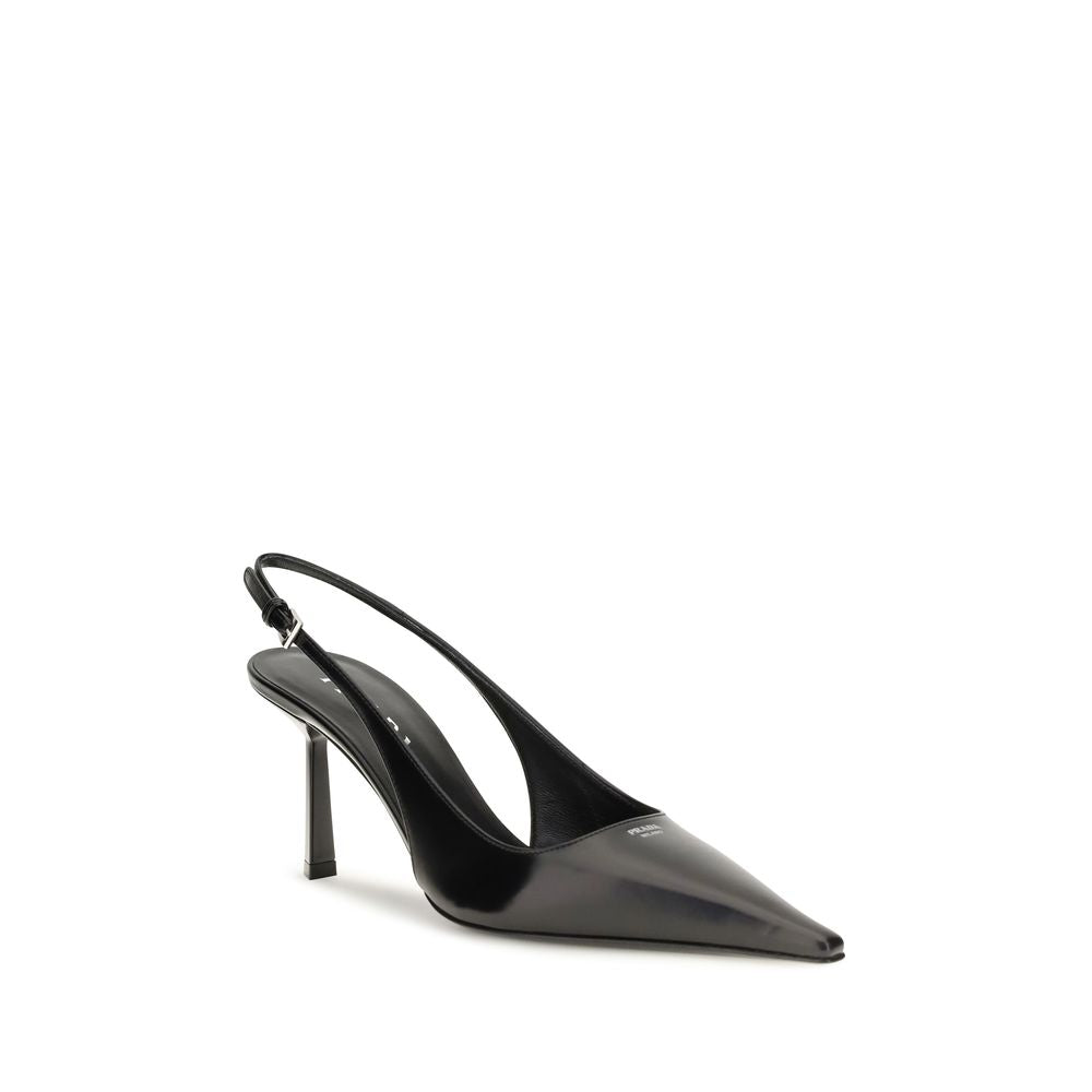 Prada Black Calfskin Slingback Stiletto Pumps – Pointed Toe, Adjustable Strap, Metal Buckle, AW26, Italian