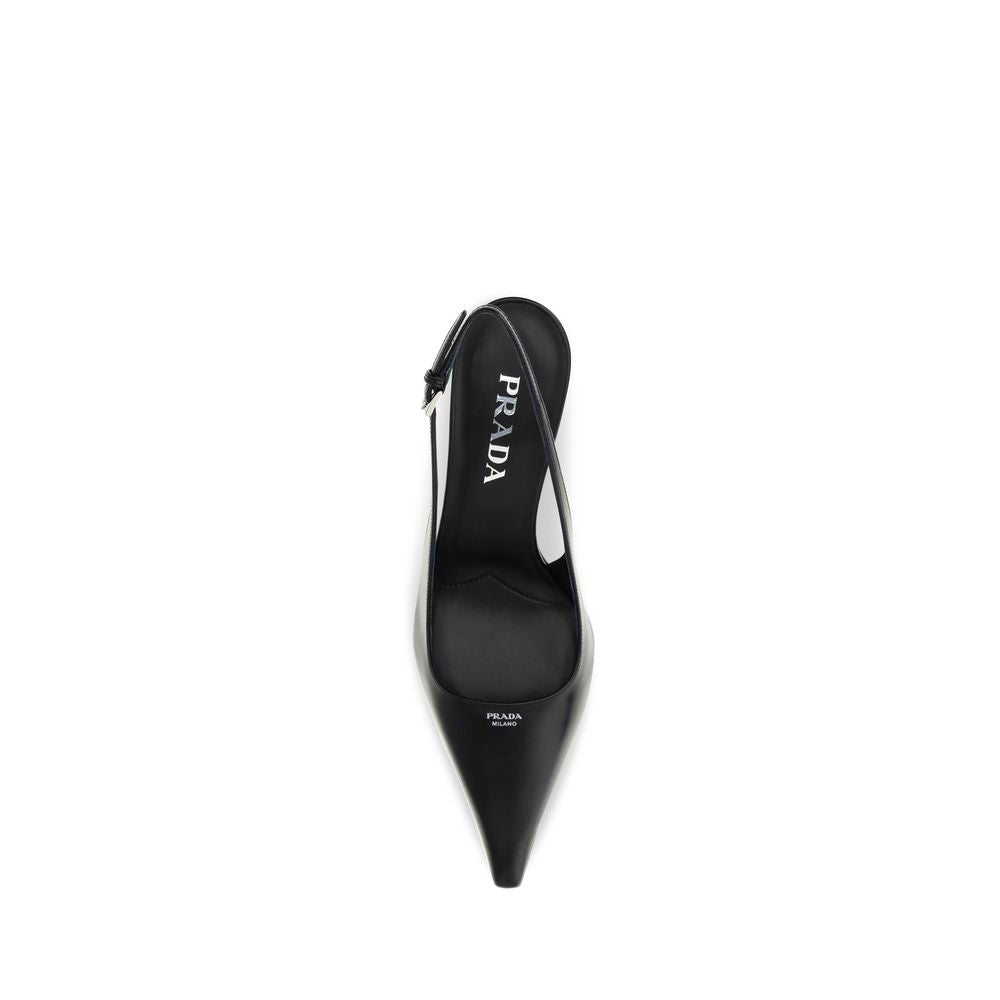 Prada Black Calfskin Slingback Stiletto Pumps – Pointed Toe, Adjustable Strap, Metal Buckle, AW26, Italian