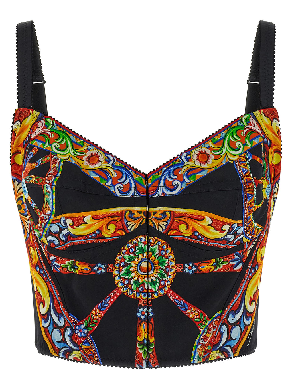 Dolce & Gabbana Multicolor 63% Silk Charmeuse Top – Sicilian Carretto Print, Corset-Style, Sweetheart Neckline