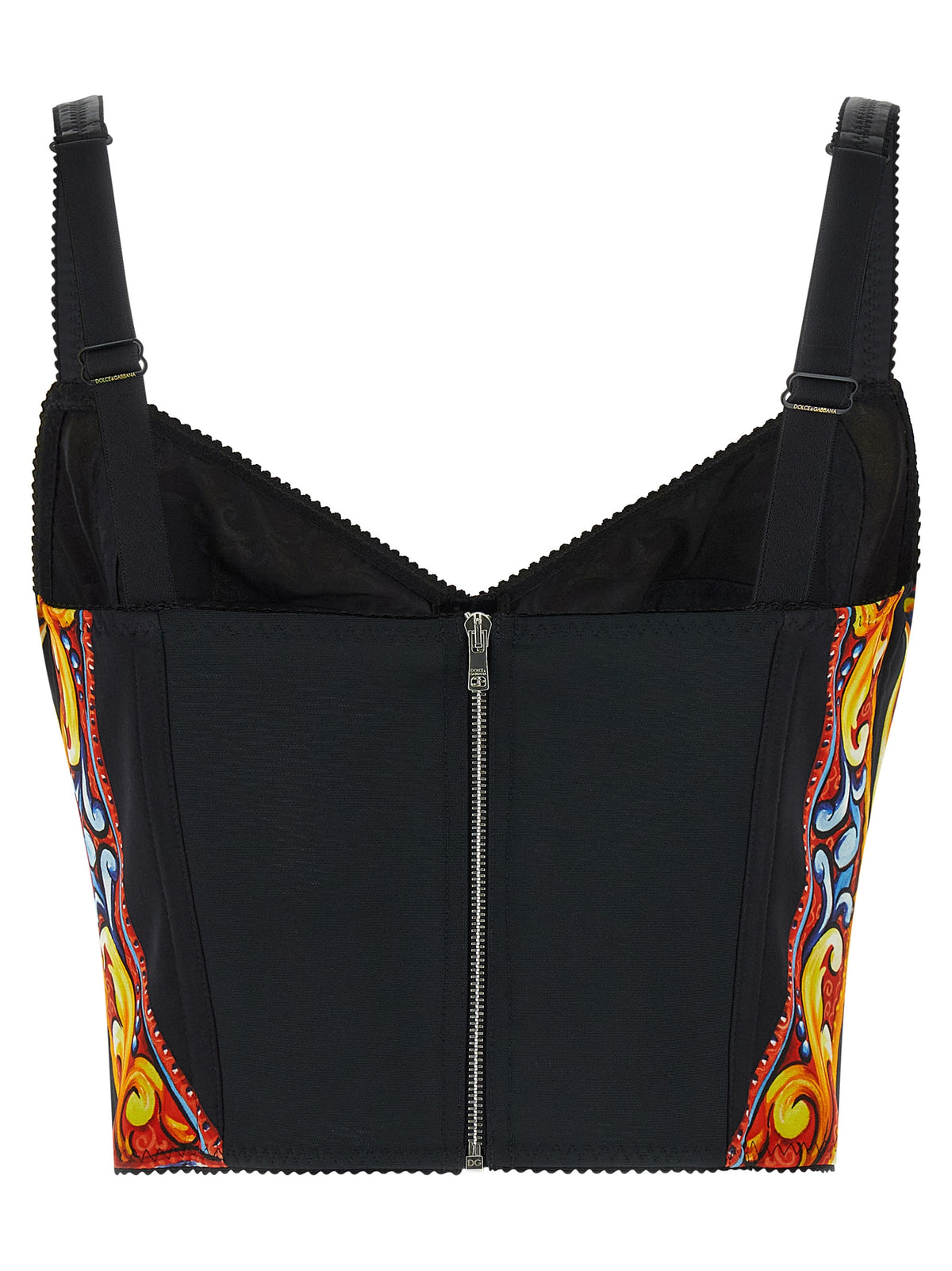 Dolce & Gabbana Multicolor 63% Silk Charmeuse Top – Sicilian Carretto Print, Corset-Style, Sweetheart Neckline