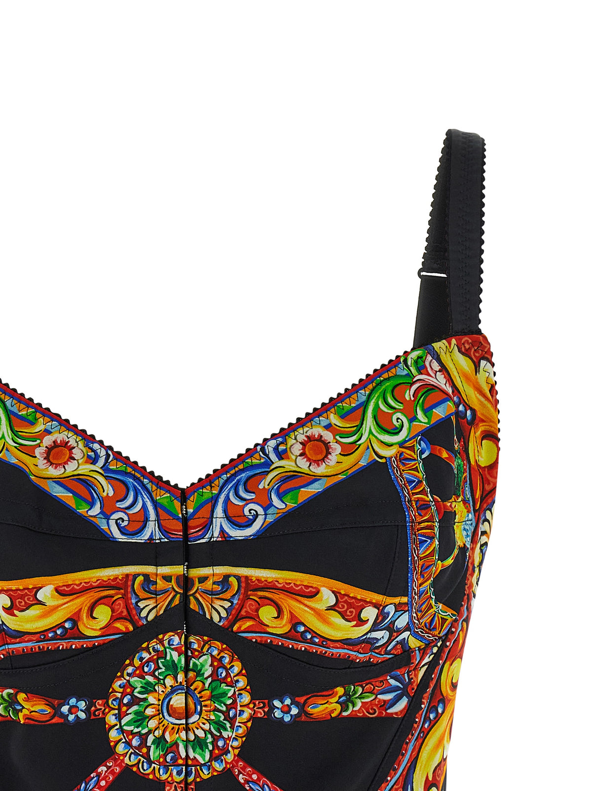 Dolce & Gabbana Multicolor 63% Silk Charmeuse Top – Sicilian Carretto Print, Corset-Style, Sweetheart Neckline
