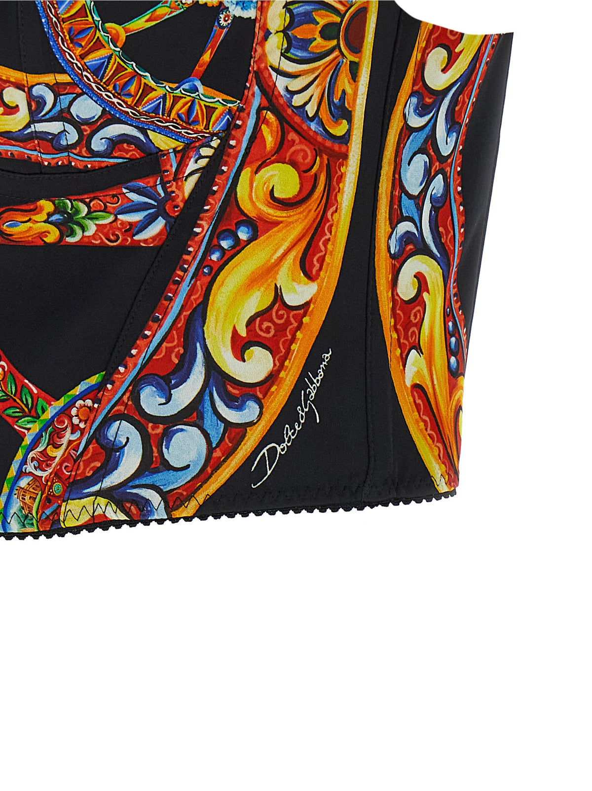 Dolce & Gabbana Multicolor 63% Silk Charmeuse Top – Sicilian Carretto Print, Corset-Style, Sweetheart Neckline