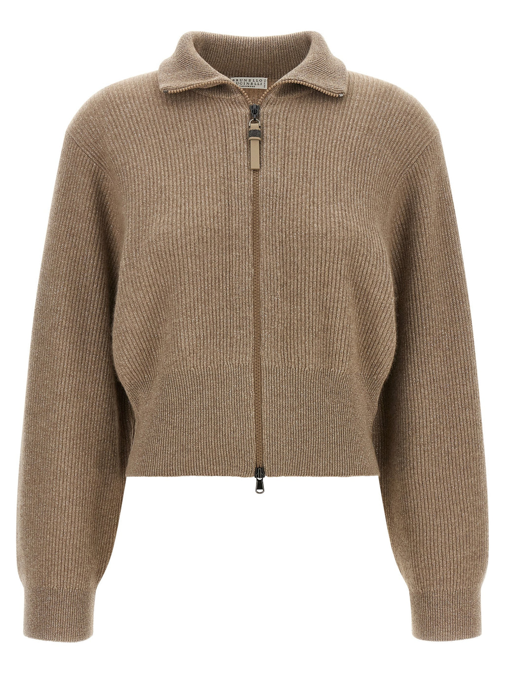 Brunello Cucinelli Brown 76% Cashmere “Sparkling” Cropped Cardigan – Double-Slider Zipper, Ribbed, Italian