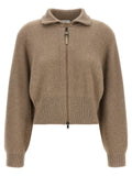 Brunello Cucinelli Brown 76% Cashmere “Sparkling” Cropped Cardigan – Double-Slider Zipper, Ribbed, Italian