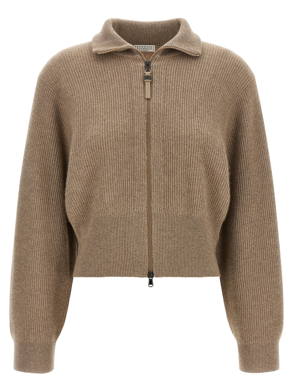 Brunello Cucinelli Brown 76% Cashmere “Sparkling” Cropped Cardigan – Double-Slider Zipper, Ribbed, Italian