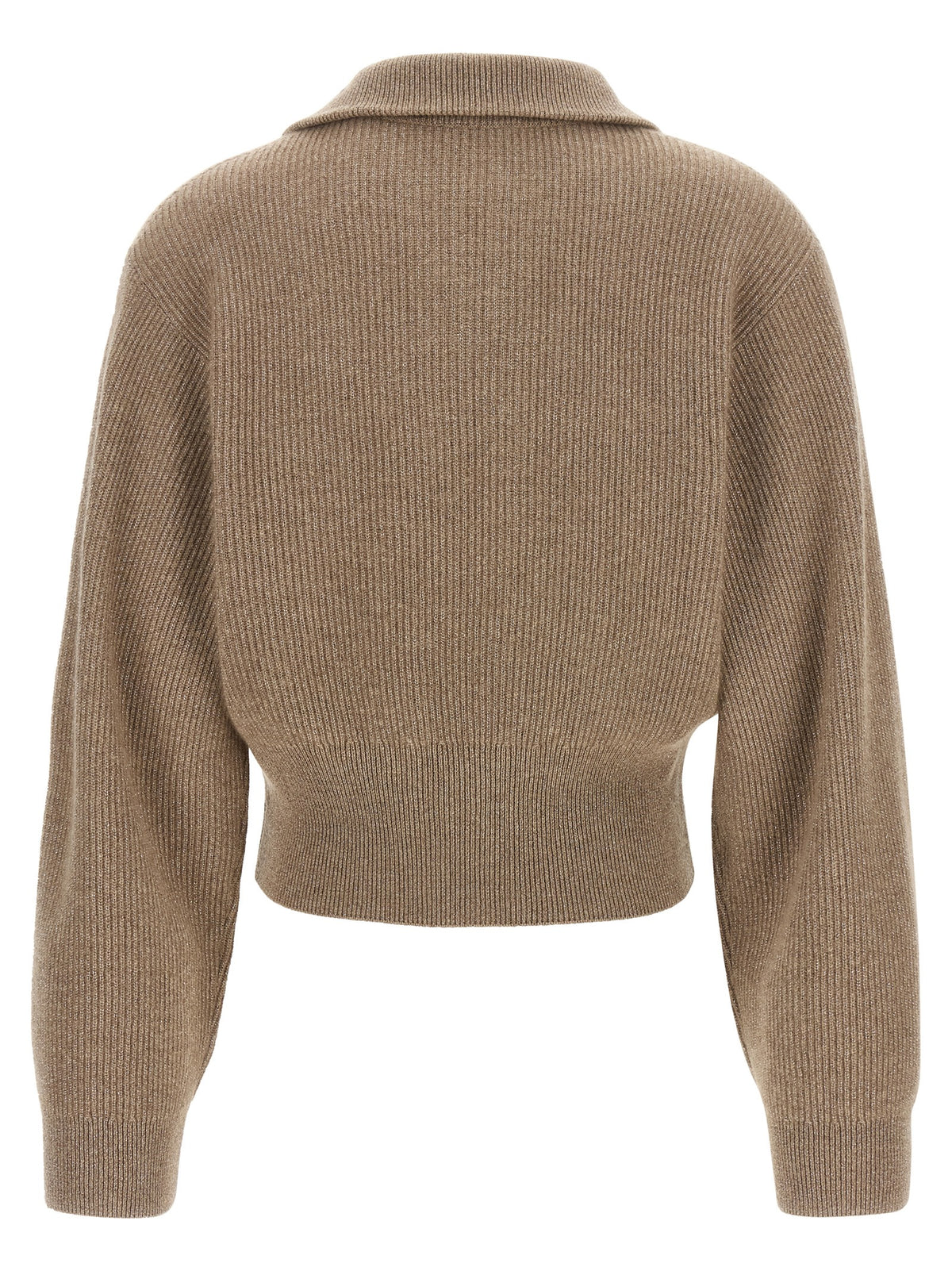 Brunello Cucinelli Brown 76% Cashmere “Sparkling” Cropped Cardigan – Double-Slider Zipper, Ribbed, Italian