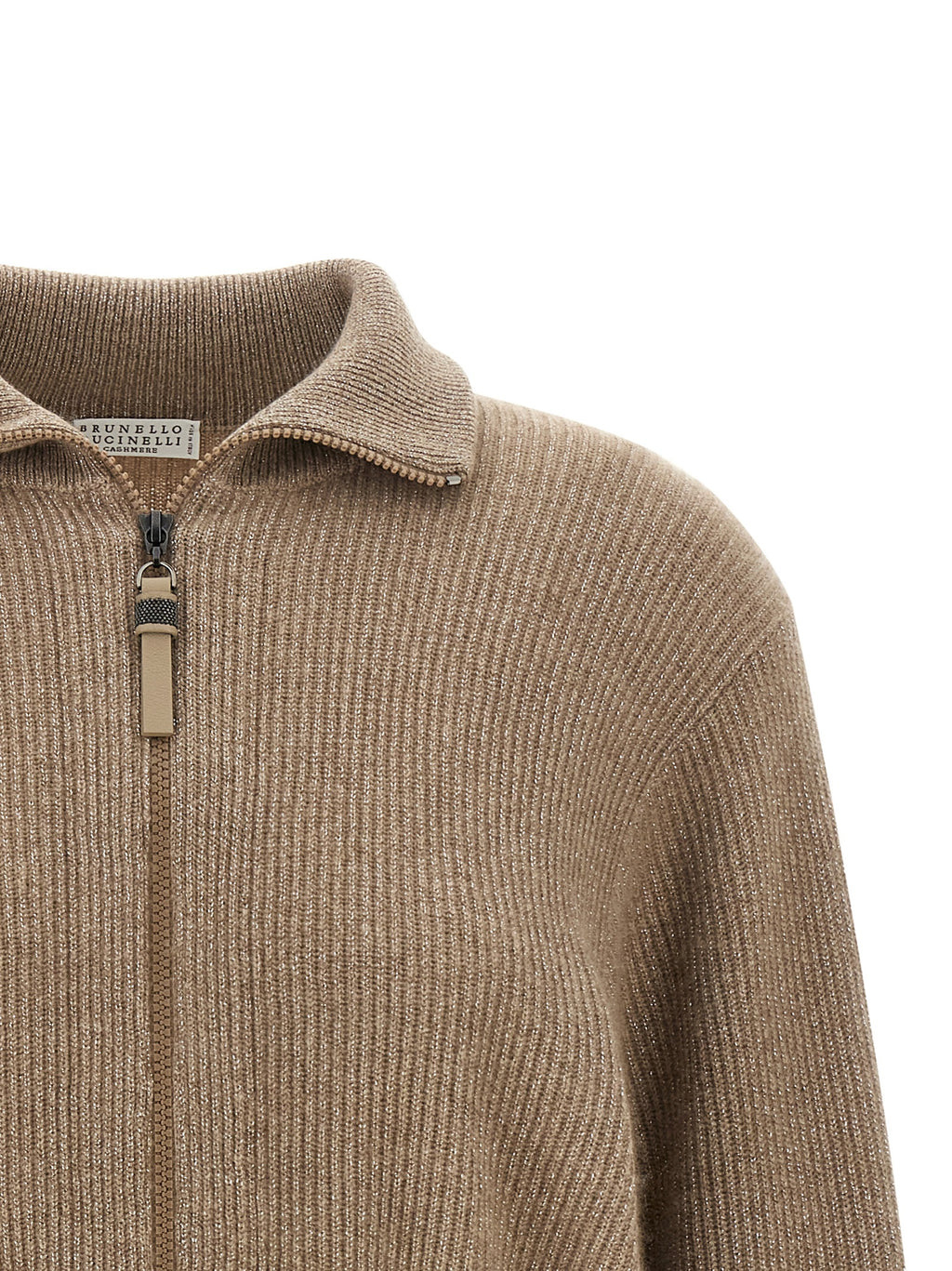Brunello Cucinelli Brown 76% Cashmere “Sparkling” Cropped Cardigan – Double-Slider Zipper, Ribbed, Italian